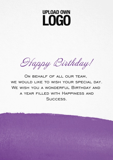 Corporate Birthday greeting card with artistic blue area at the bottom. Purple.