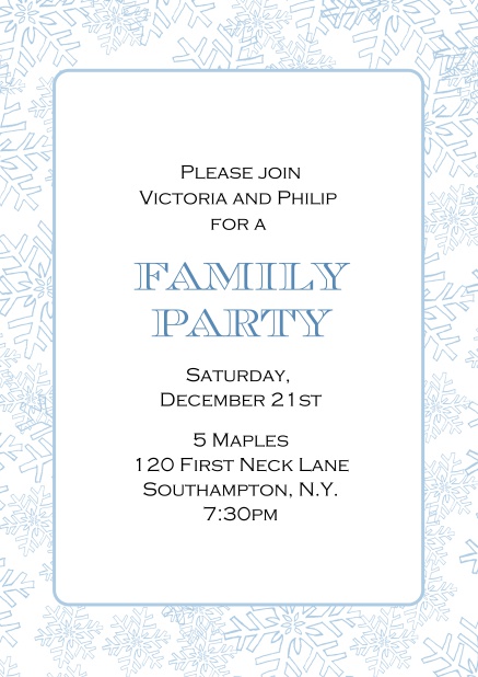 Online Holiday party invitation card with frame out of snow flaked in various colors. Blue.