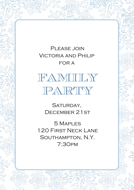 Online Holiday party invitation card with frame out of snow flaked in various colors.