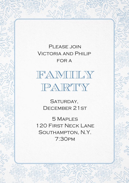 Holiday party invitation card with frame out of snow flaked in various colors. Blue.