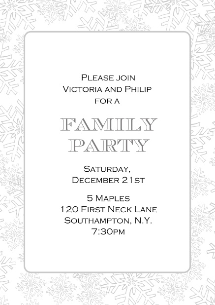 Online Holiday party invitation card with frame out of snow flaked in various colors. Grey.