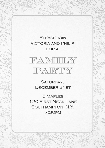 Holiday party invitation card with frame out of snow flaked in various colors. Grey.