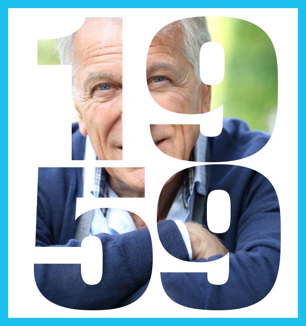 Große Online Einladungskarte zum 60. Geburtstag mit Rahmen und ausgeschnittenem Geburtsjahr 1959. Blau.