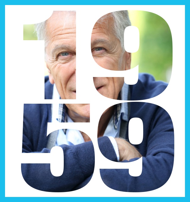 1959 geboren gross - Blau - 60. Geburtstag Große Online Einladungskarte zum 60. Geburtstag mit Rahmen und ausgeschnittenem Geburtsjahr 1959. Blau.