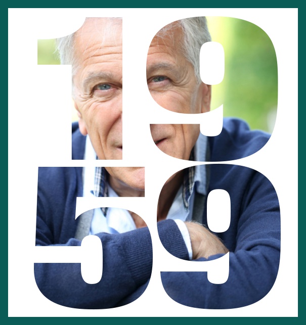 Große Online Einladungskarte zum 60. Geburtstag mit Rahmen und ausgeschnittenem Geburtsjahr 1959. Grün.
