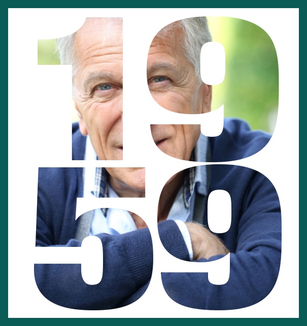 1959 geboren gross - Grün - 60. Geburtstag Große Online Einladungskarte zum 60. Geburtstag mit Rahmen und ausgeschnittenem Geburtsjahr 1959. Grün.