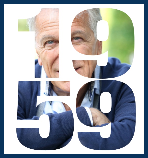 1959 geboren gross - Marine - 60. Geburtstag Große Online Einladungskarte zum 60. Geburtstag mit Rahmen und ausgeschnittenem Geburtsjahr 1959. Marine.
