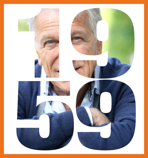 Große Online Einladungskarte zum 60. Geburtstag mit Rahmen und ausgeschnittenem Geburtsjahr 1959. Orange.