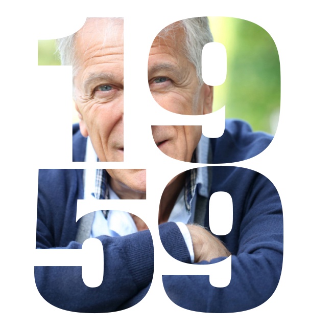1959 geboren gross - Weiss - 60. Geburtstag Große Online Einladungskarte zum 60. Geburtstag mit Rahmen und ausgeschnittenem Geburtsjahr 1959. Weiss.