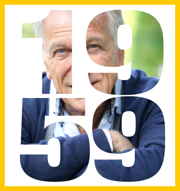 Große Online Einladungskarte zum 60. Geburtstag mit Rahmen und ausgeschnittenem Geburtsjahr 1959. Gelb.