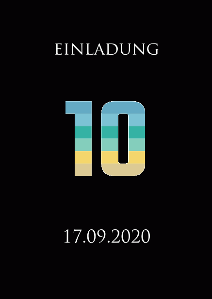 Online Einladungskarte zum 10. Jahrestag mit einer animierenden großen Zahl 10 animierend in verschiedenen Blau, Grün und Gelbtönen. Schwarz.