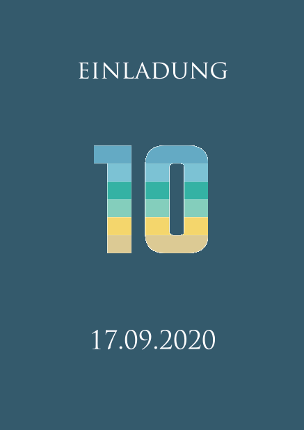 Online Einladungskarte zum 10. Jahrestag mit einer animierenden großen Zahl 10 animierend in verschiedenen Blau, Grün und Gelbtönen. Blau.