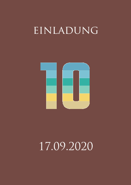 Online Einladungskarte zum 10. Jahrestag mit einer animierenden großen Zahl 10 animierend in verschiedenen Blau, Grün und Gelbtönen. Gold.