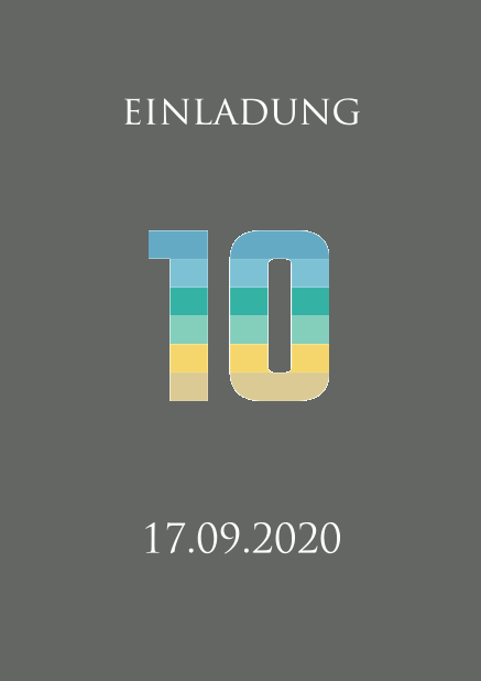 Online Einladungskarte zum 10. Jahrestag mit einer animierenden großen Zahl 10 animierend in verschiedenen Blau, Grün und Gelbtönen. Grau.