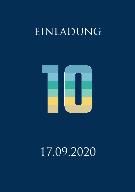 Online Einladungskarte zum 10. Jahrestag mit einer animierenden großen Zahl 10 animierend in verschiedenen Blau, Grün und Gelbtönen. Marine.
