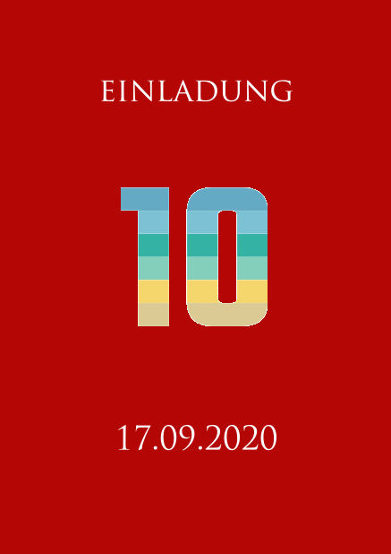 Online Einladungskarte zum 10. Jahrestag mit einer animierenden großen Zahl 10 animierend in verschiedenen Blau, Grün und Gelbtönen. Rot.