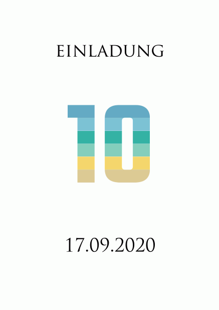 Online Einladungskarte zum 10. Jahrestag mit einer animierenden großen Zahl 10 animierend in verschiedenen Blau, Grün und Gelbtönen. Weiss.