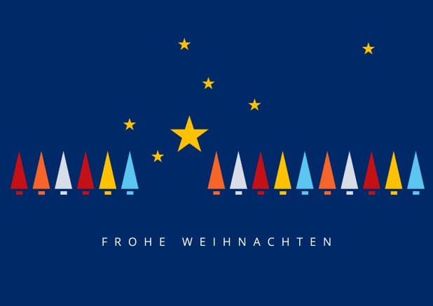 Online Blaue Weihnachtskarte mit bunten Weihnachtsbäumen und Frohe Weihnachten Text.