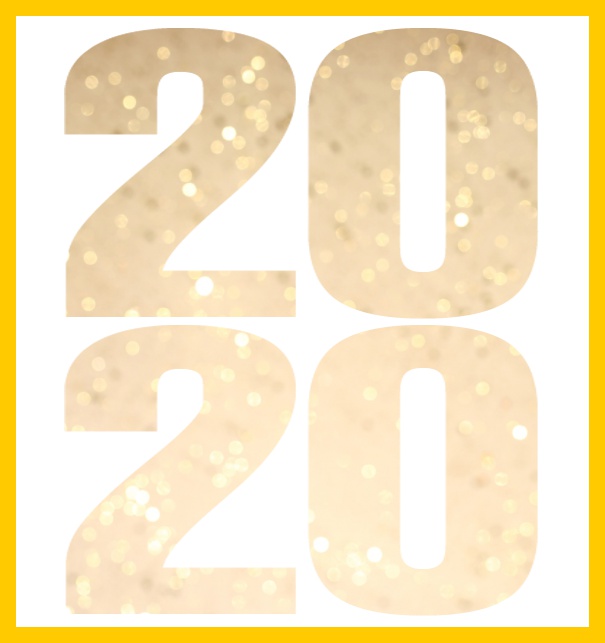 Goldene Silvester Einladungskarte mit ausgeschnittener 2020 für ein eigenes Foto. Gelb.
