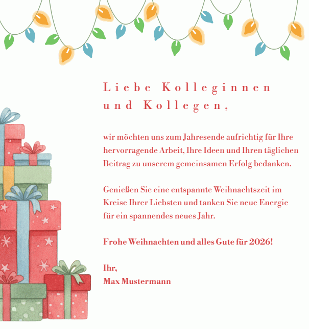 Weihnachtskarte mit einem Berg an Geschenken und leiuchtender Weihnachtslichterkette