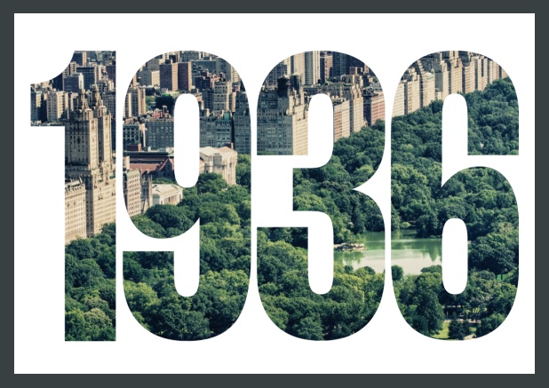 Online Invitation card in landscape with cut out 1936 for an own photo. Gold.