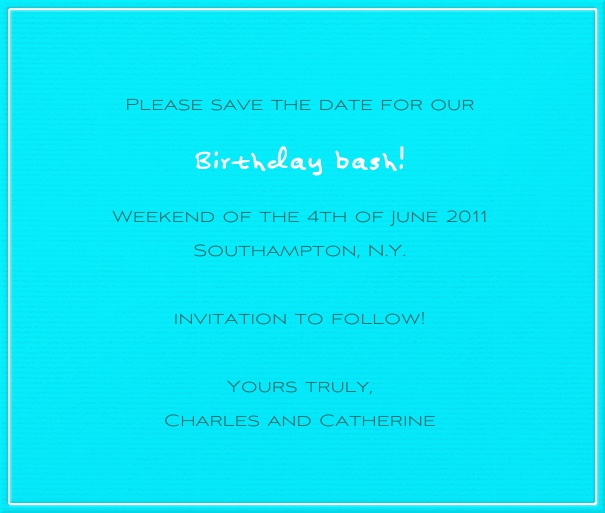 Blue Neon Save the Date Card with White Border.