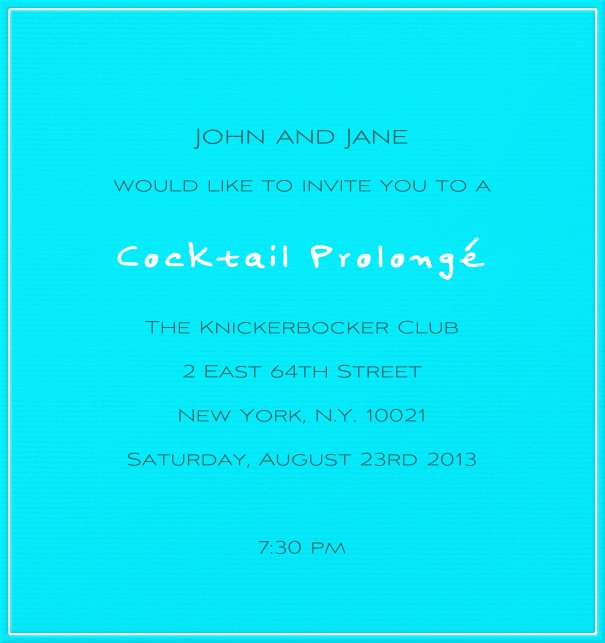 High Format Light Blue Neon Cocktail Party Invitation Template with White Border.