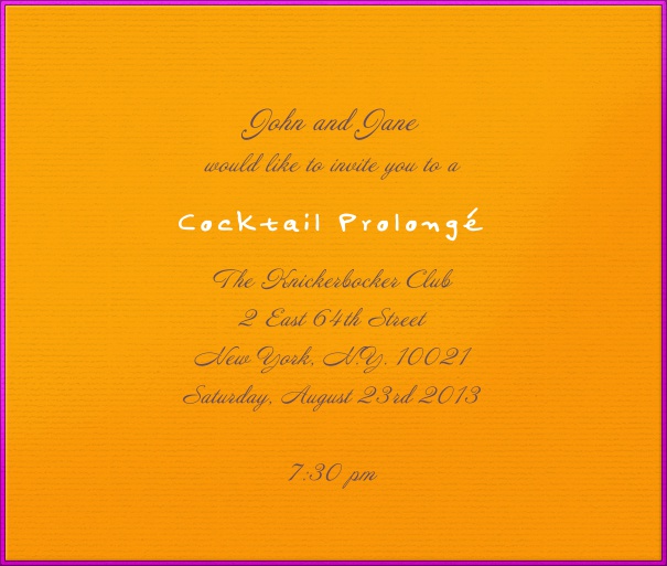 Square customizable Orange neon Invitation design with purple border.