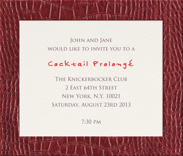 Weisse schicke Einladungskarte in Quadratformat mit rotem Aligatorleder Rahmen.