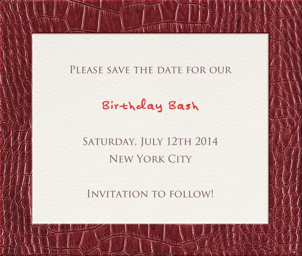 White Modern Event Save the Date Card with Red Leather Frame Design.