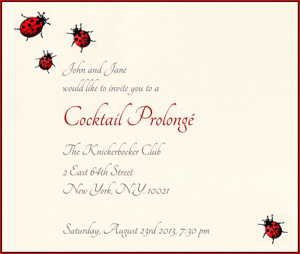 Square Modern Party Invitation Template with Lady Bug Motif and Red Border.