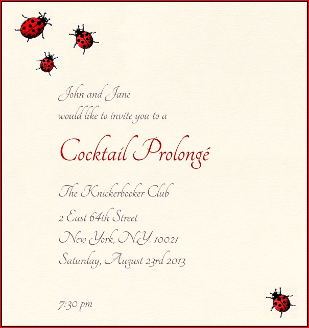 High Format Modern Cocktail or Party Invitation template with Lady Bug Motif and Red Border.