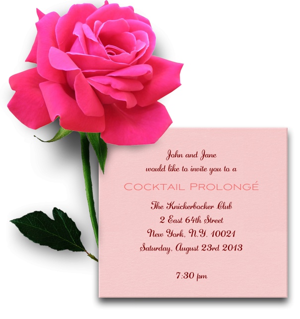 Blumen Einladungskarte in rosa mit digitaler Version einer echten grossen rosa Rose an der linken oberen Seite.