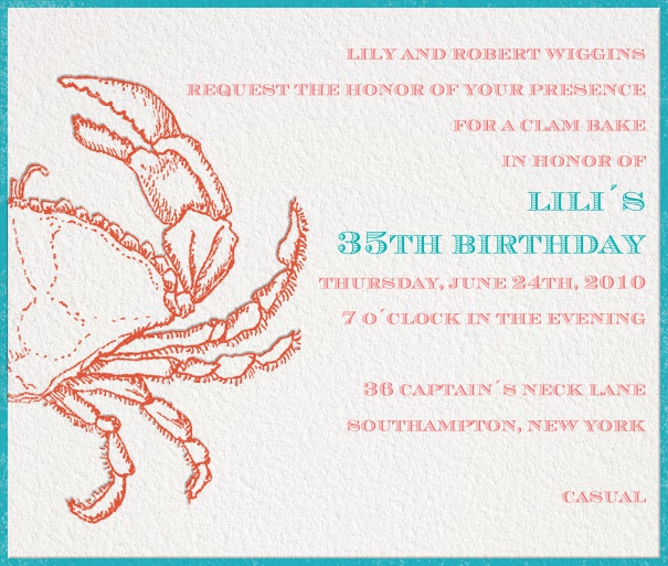 White Birthday or Anniversary Invitation card with lobster motif and blue border.