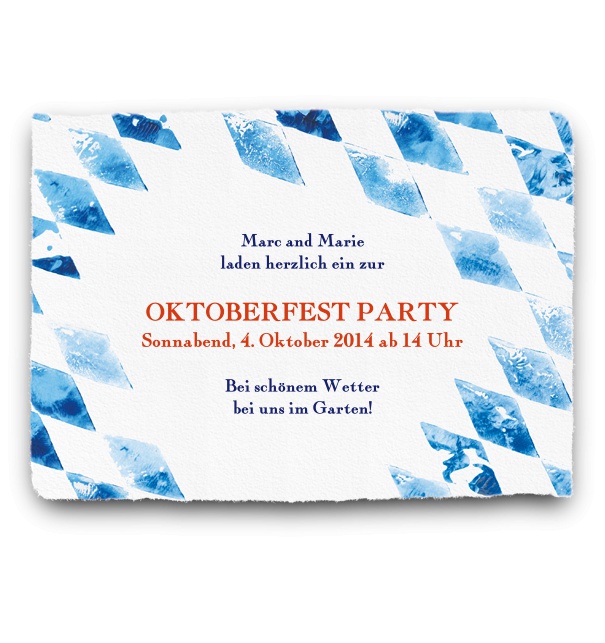 Online Einladungskarte zum Oktoberfest mit blau-weißem Hintergrund der bayrischen Flagge und editierbarem Textfeld.