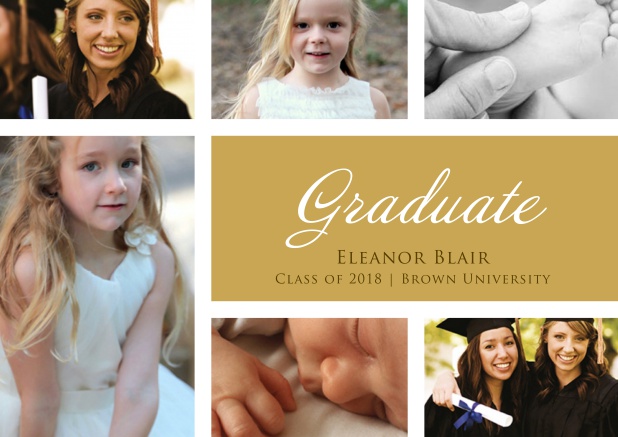 Add 5 photos to this graduation invitation card and impress. Beige.
