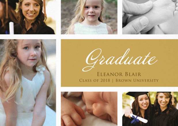 Add 5 photos to this graduation invitation card and impress. Beige.
