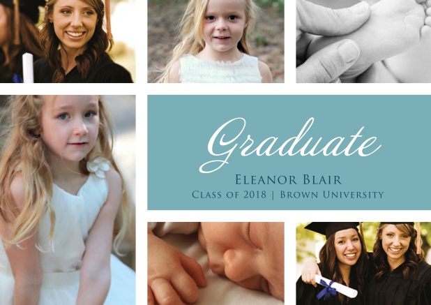 Add 5 photos to this graduation invitation card and impress. Blue.