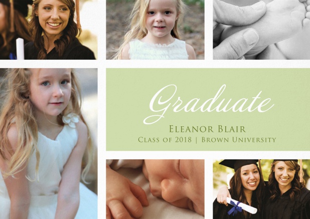 Add 5 photos to this graduation invitation card and impress. Green.