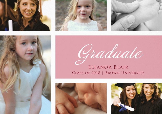 Add 5 photos to this graduation invitation card and impress. Pink.