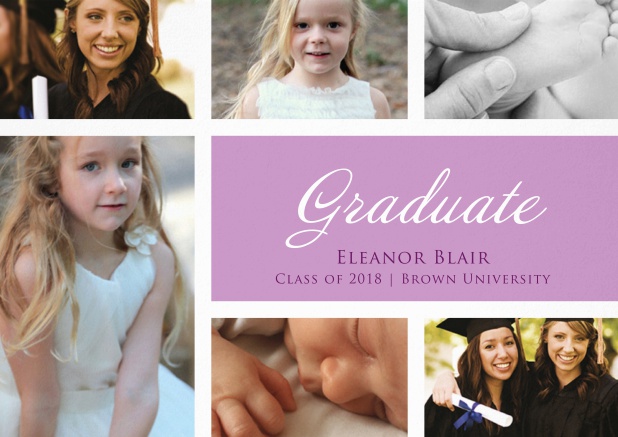 Add 5 photos to this graduation invitation card and impress. Purple.