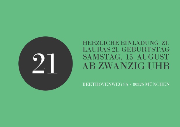 Online Einladung in grün mit schwarzem Kreis zum 21. Geburtstag.
