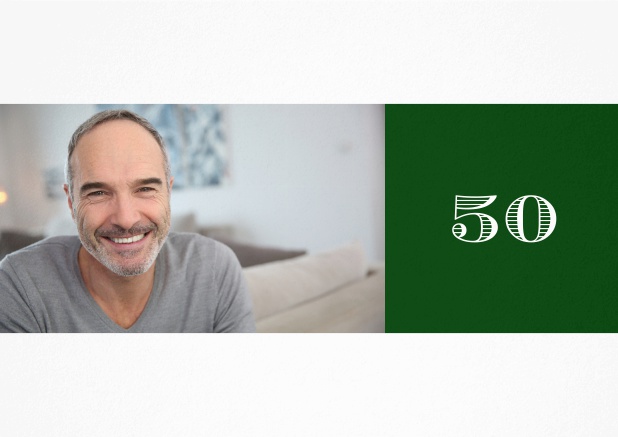 Geburtstagseinladung zum 50. Geburtstag mit Fotofeld links und Textfeld rechts. Grün.