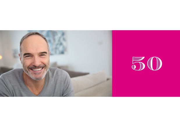 Online Geburtstagseinladung zum 50. Geburtstag mit Fotofeld links und Textfeld rechts. Rosa.