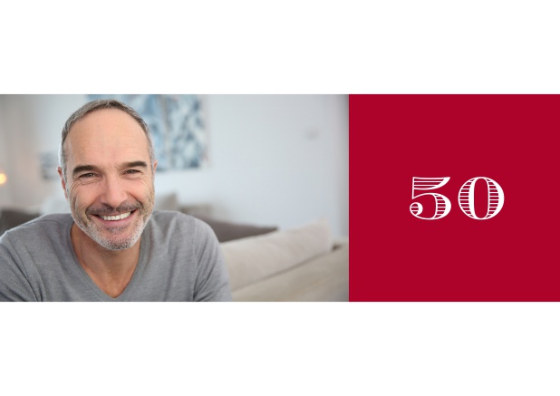 Online Geburtstagseinladung zum 50. Geburtstag mit Fotofeld links und Textfeld rechts. Rot.