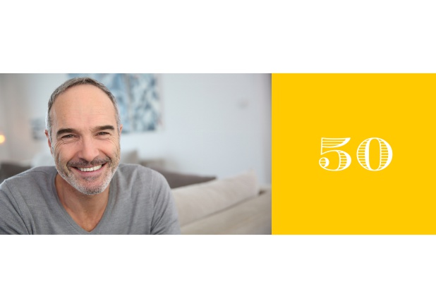 Online Geburtstagseinladung zum 50. Geburtstag mit Fotofeld links und Textfeld rechts. Gelb.