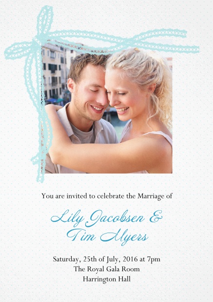 Wedding invitation card with blue ribon and photo
