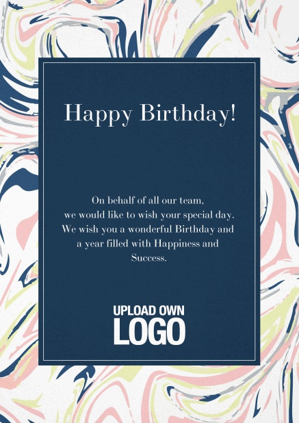 Corporate Birthday greeting card with dark text field and light floral frame.