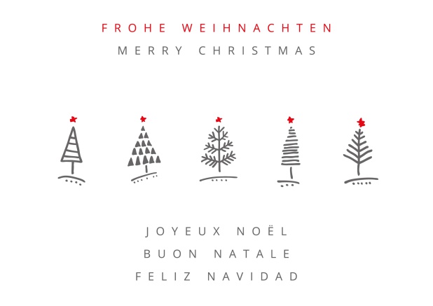 Online Weihnachtskarte mit fünf kleinen Weihnachtsbäumen mit rotem Stern.