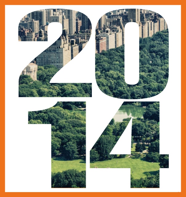 Online Einladungskarte mit ausgeschnittener 2014 für eigenes Image Orange.